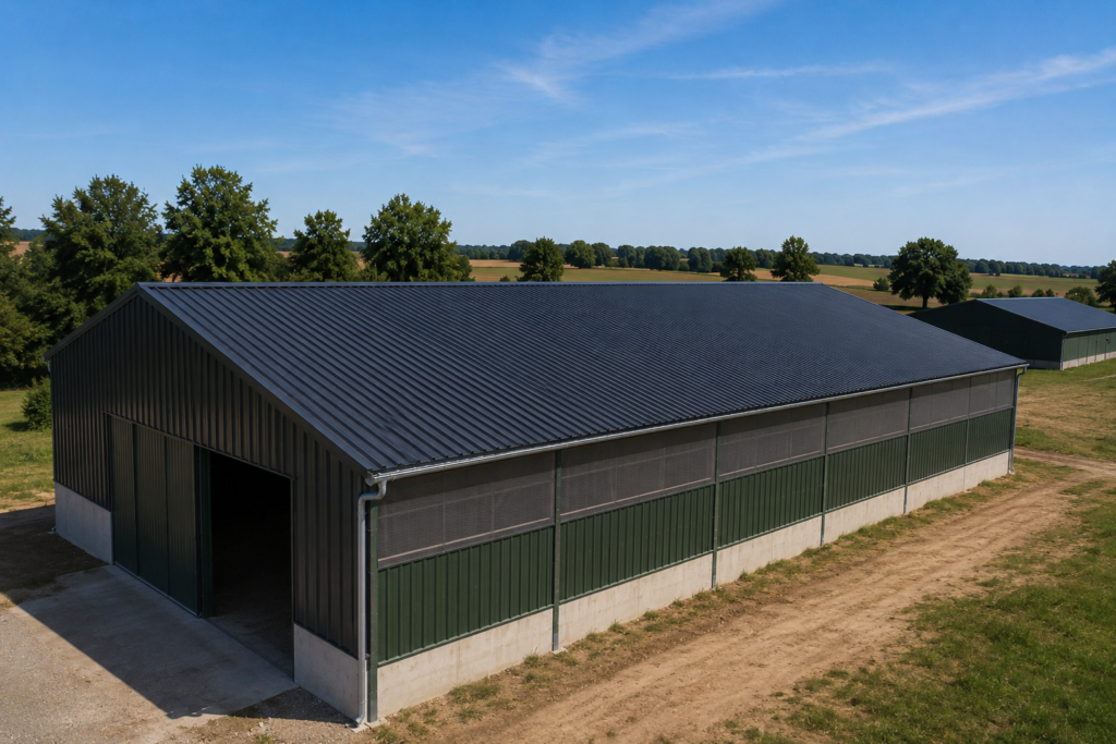 Hangar agricole équipé d'une couverture en bac acier réalisée par ATH Couverture en Auvergne.