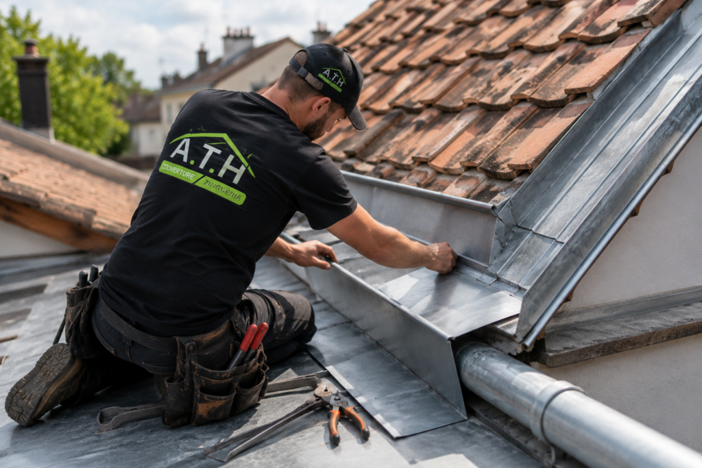 Artisan couvreur réalisant des travaux de zinguerie et le raccordement d'une toiture en zinc.