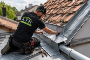 Artisan couvreur réalisant des travaux de zinguerie et le raccordement d'une toiture en zinc.