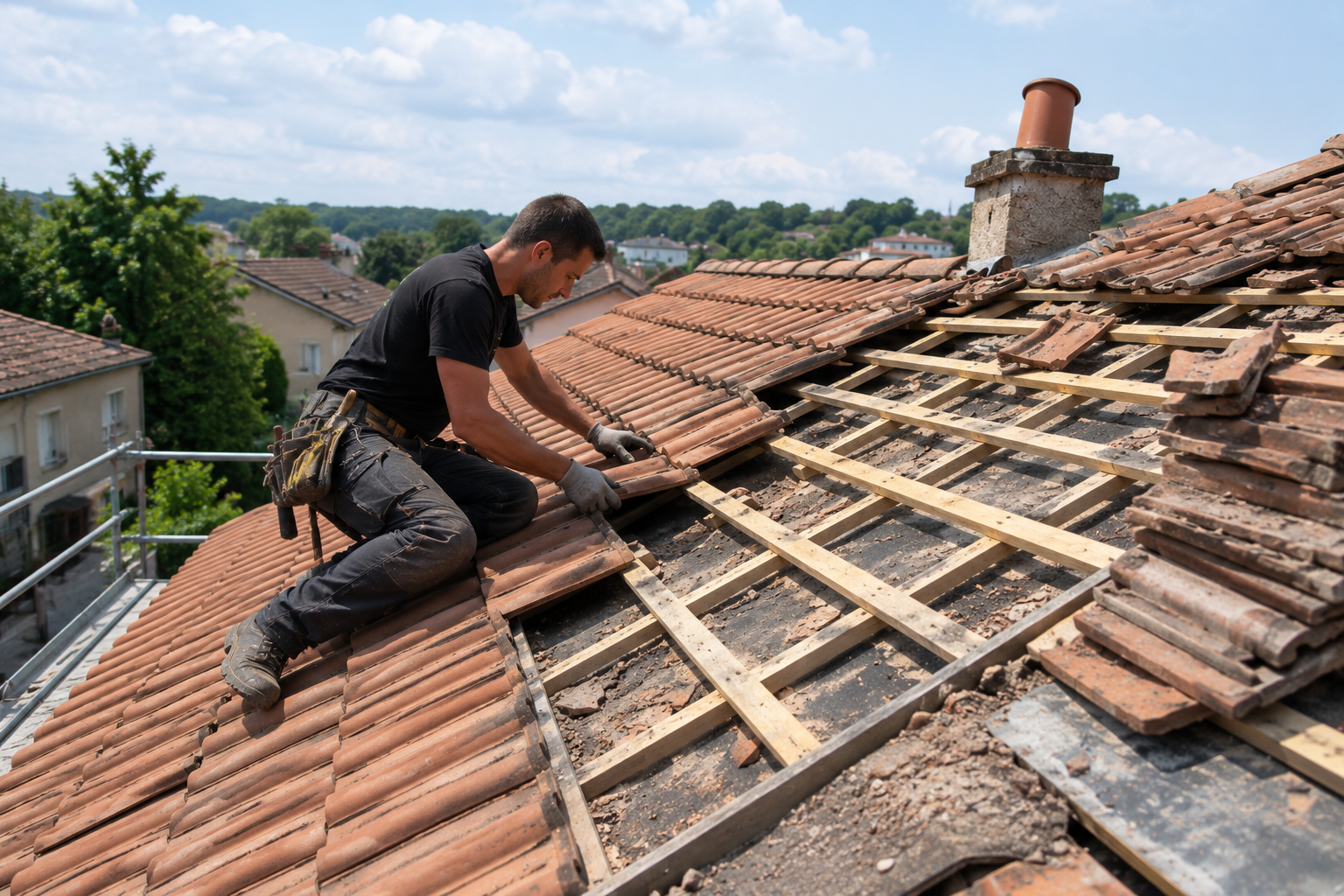 Couvreur réalisant la rénovation d'une toiture en tuiles avec remplacement de la couverture.