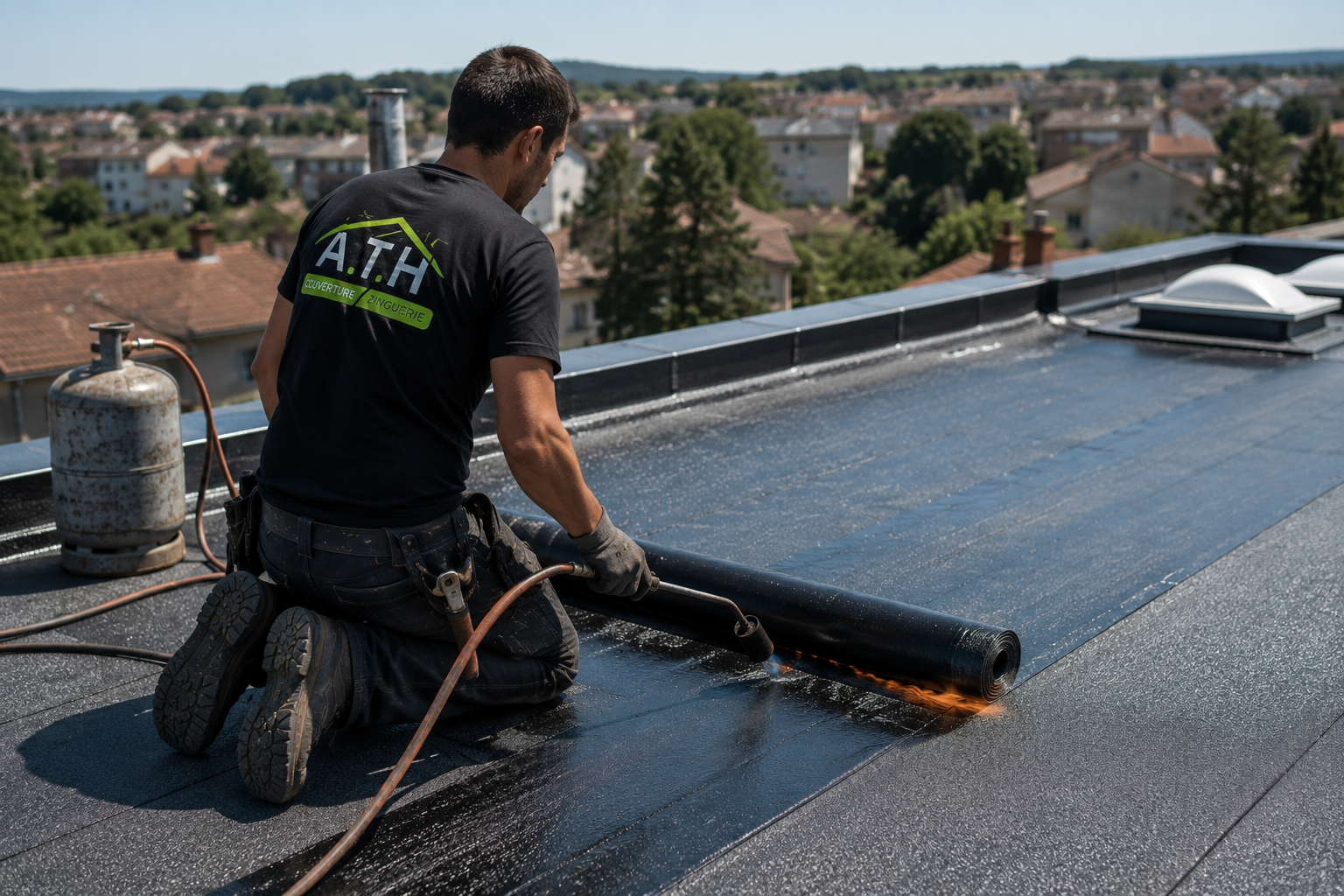 Couvreur réalisant l'étanchéité d'une toiture-terrasse avec membrane bitumineuse.