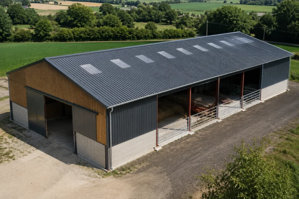 Hangar agricole équipé d’une toiture en bac acier avec plaques translucides
