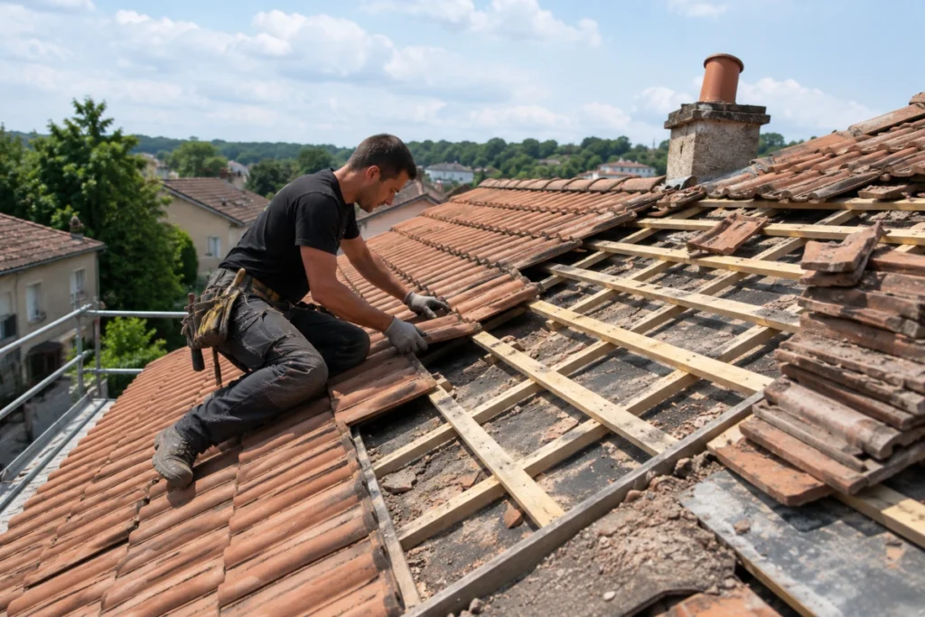 Couvreur remplaçant les liteaux et les tuiles d’une toiture