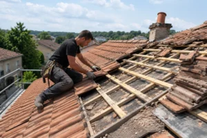 Couvreur remplaçant les liteaux et les tuiles d’une toiture
